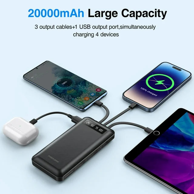 20000mAh Portable Power Bank Charger with 4 Cables - Fast USB Charging