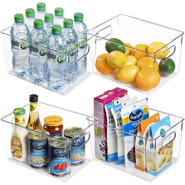 Clear Plastic Storage Bins with Handles, 4-Pack Pantry Organizer Set