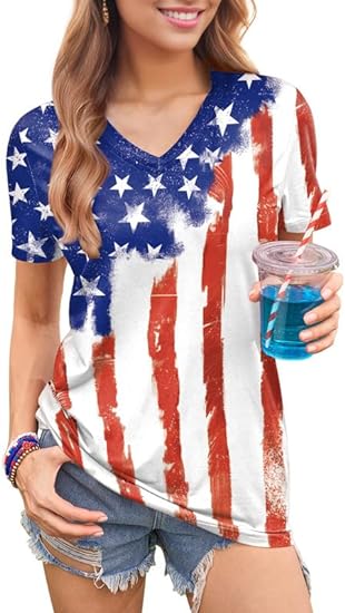 For G and PL Women's American Flag T-Shirt - July 4th Patriotic Top