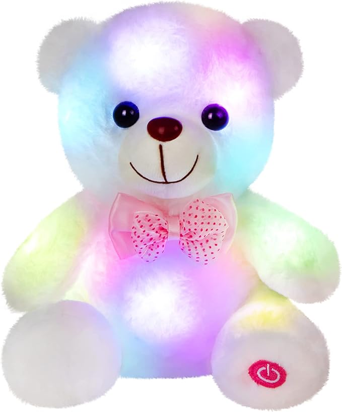 8" LED White Teddy Bear - Soft Plush Toy with Colorful Night Glow