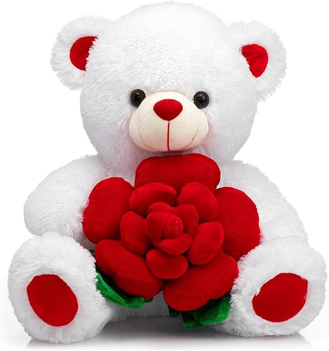 16-Inch White Teddy Bear with Red Rose