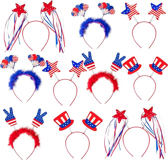 Festive 10PCS Patriotic Headbands: Uncle Sam Hat & Star Boppers for 4th of July