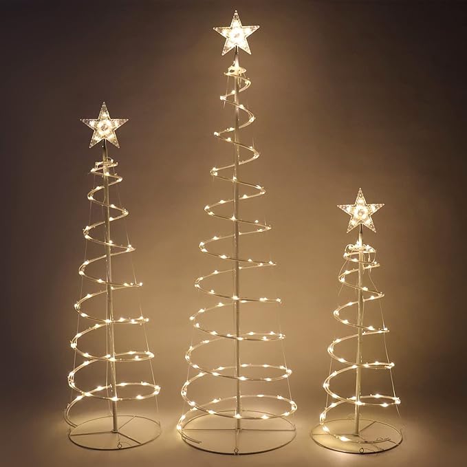 3-Pack Spiral Christmas Trees, 218 LED Warm White Lights, 3-5ft, Outdoor Decor