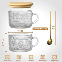 Load image into Gallery viewer, Vintage Coffee Mug Set with Bamboo Lids &amp; Spoons, 4pcs 14oz Embossed Glass Cups
