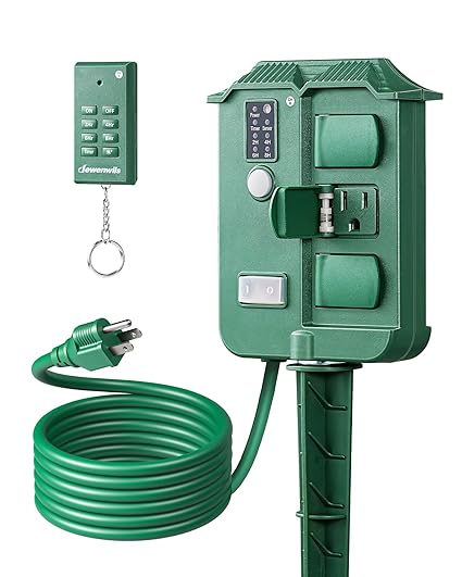 Outdoor Power Stake Timer, Waterproof 100FT Remote, 6 Outlets & 6FT Cord