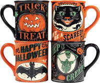 Load image into Gallery viewer, Set of 4 Scaredy Cat 18 oz. Ceramic Mugs – Halloween Holiday Designs
