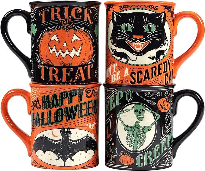 Set of 4 Scaredy Cat 18 oz. Ceramic Mugs – Halloween Holiday Designs