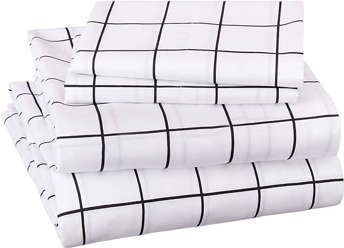 Soft Microfiber 4-Piece Full Bed Sheet Set with Elastic Pockets, Geometric Black Grid