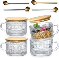 Load image into Gallery viewer, Vintage Coffee Mug Set with Bamboo Lids &amp; Spoons, 4pcs 14oz Embossed Glass Cups
