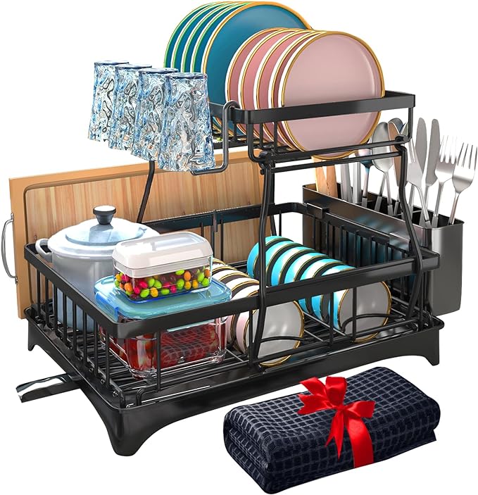 2-Tier Dish Drying Rack with Drainboard & Utensil Holders