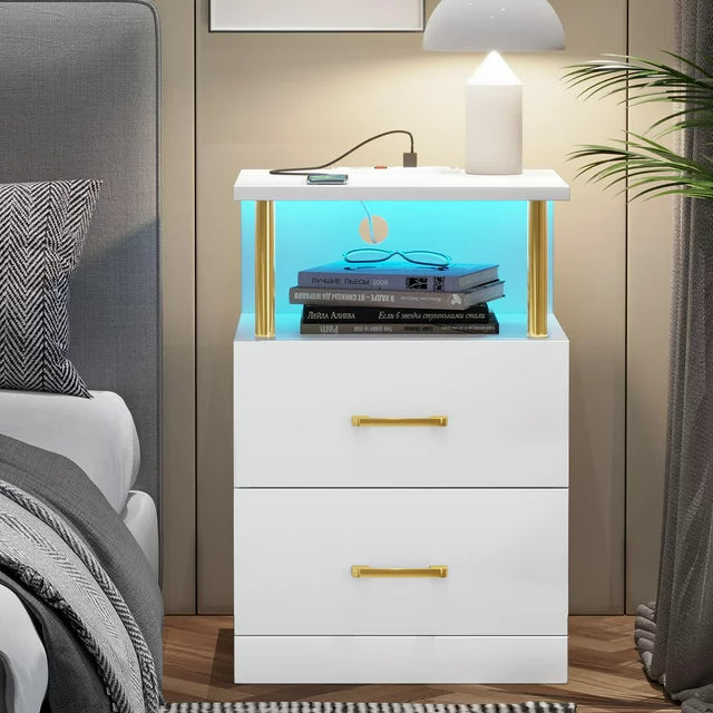 LED Nightstand with Charging Station&LED Lights&2 Drawers