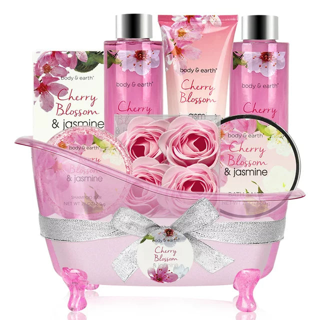 Bath Gift Sets for Women, 8 Pcs Cherry Blossom & Jasmine Spa Baskets