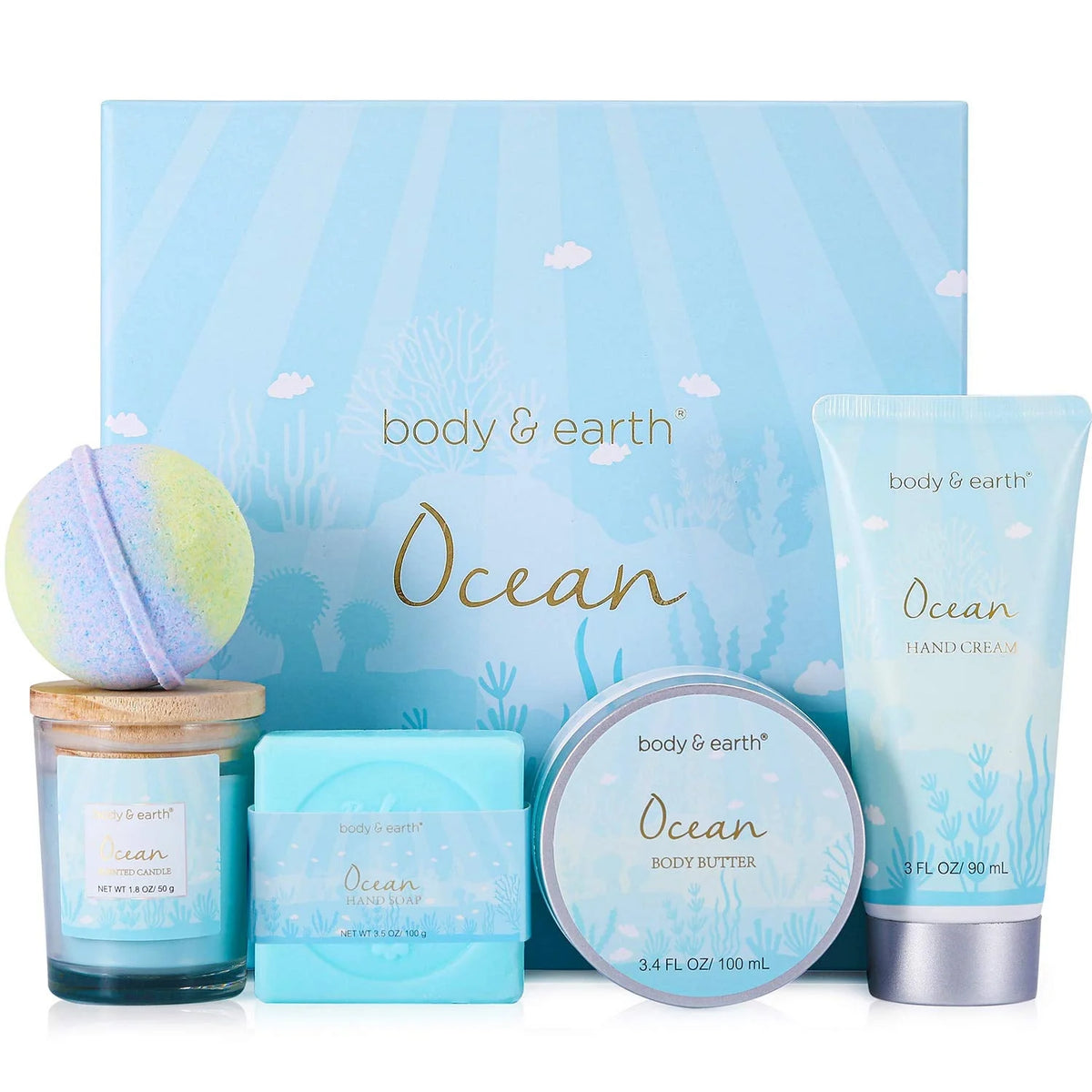 Bath and Body Set for Women - 5 Pcs Ocean Spa Baskets Holiday Beauty Christmas Birthday Gifts Sets for Her