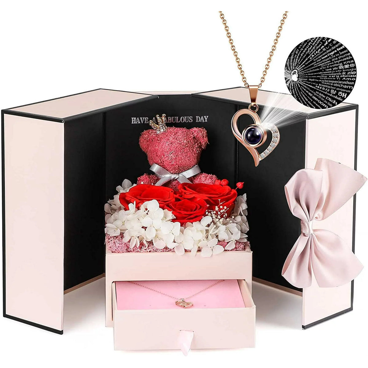 Cute Preserved Red Rose Moss Bear Gifts with Heart-Shaped I Love You Necklace 100 Languages