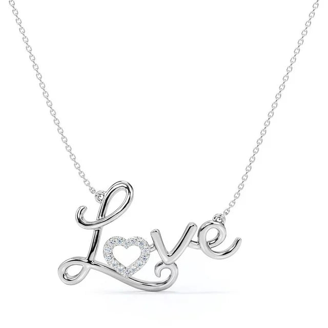 Enchanting Love Real Diamond Pendant Necklace in 18K White Gold over Silver