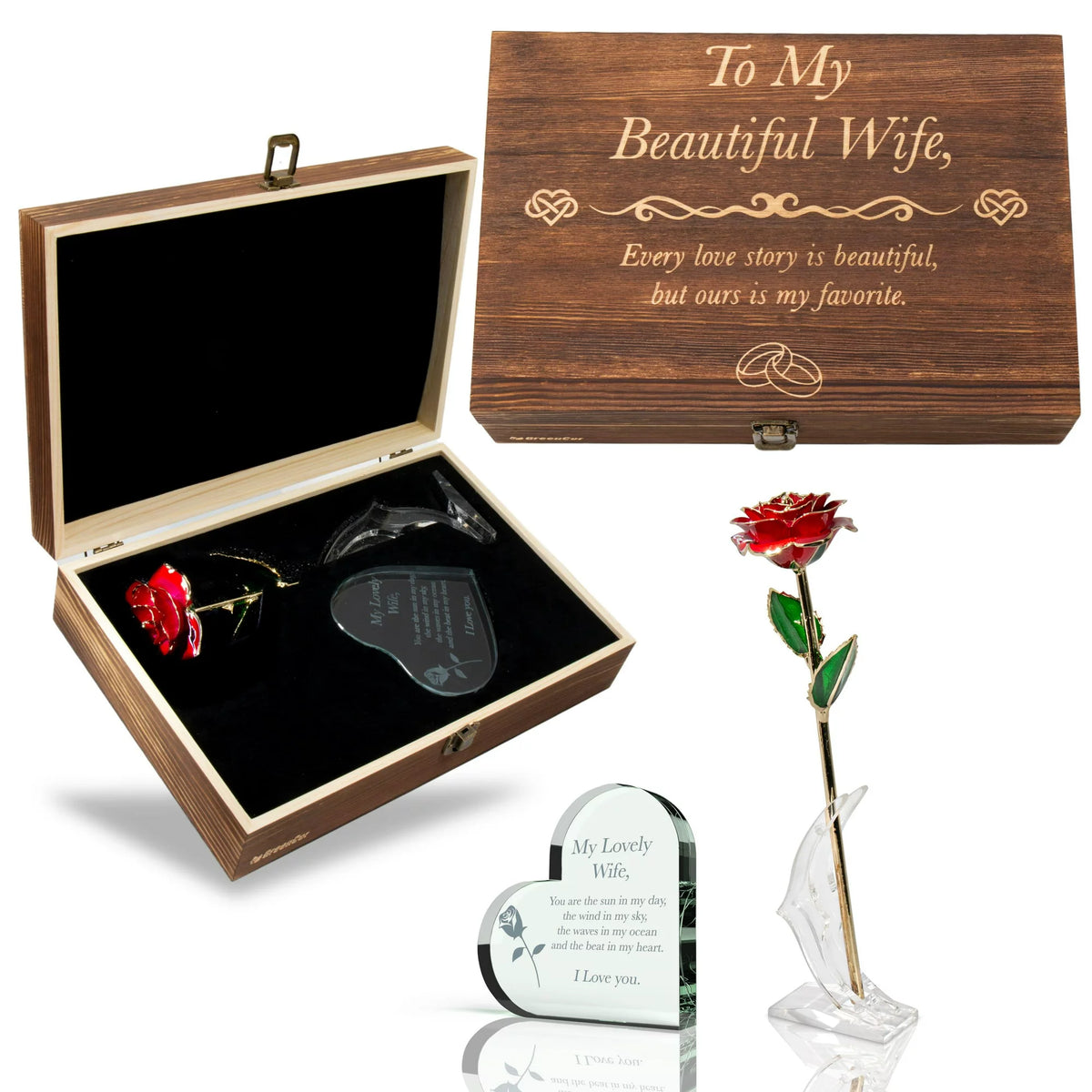 Engraved Wooden Gift Set 'to My Beautiful Wife' Includes Crystal Engraved Heart