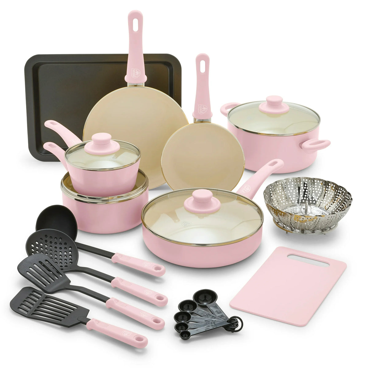 18-Piece Soft Grip Toxin-Free Healthy Ceramic Non-Stick Cookware Set, Pink,