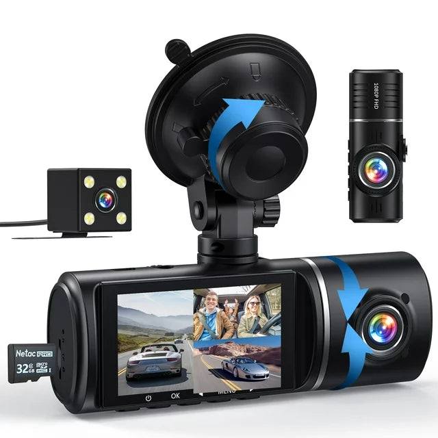 3 Channel Dash Cam 1080P Front Rear Inside, Triple Car Camera with Night Vision