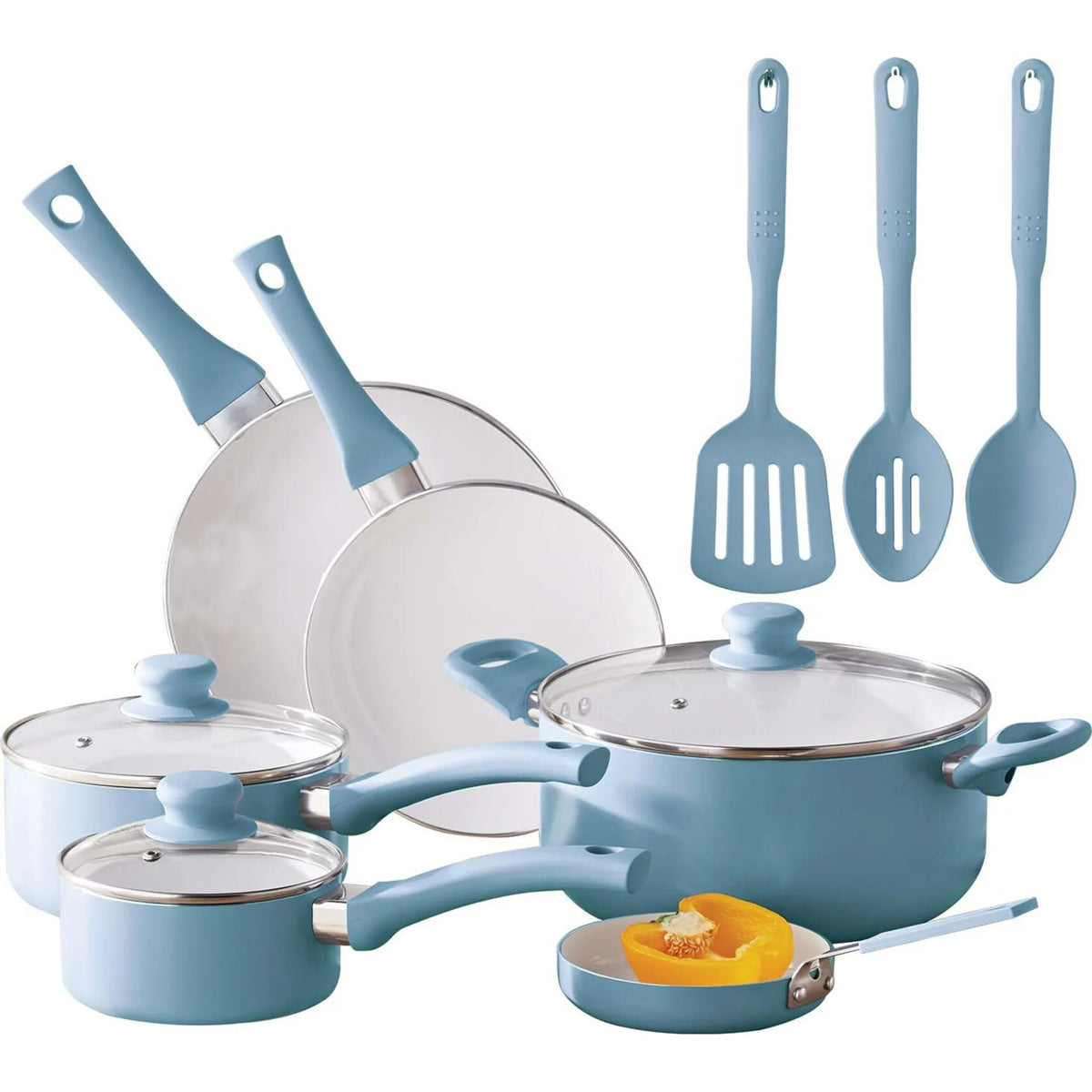 Ceramic Nonstick Cookware Set, 12pc Blue Linen Kitchen Essentials