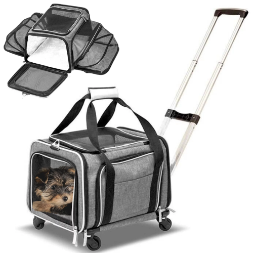 Pet Carrier on Wheels- Two Sided Expandable Rolling Carrier
