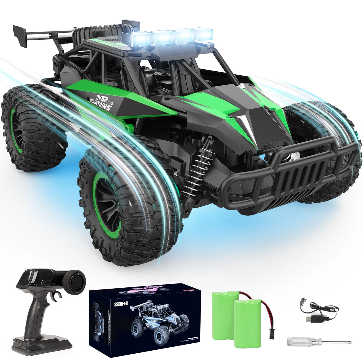 RC Cars 20 Km/h Remote Control Car RC Monster Trucks Off Road Vehicle Gift for Boys Kids with Chassis Lights 2 Batteries, 13 Inch All Terrains, Green