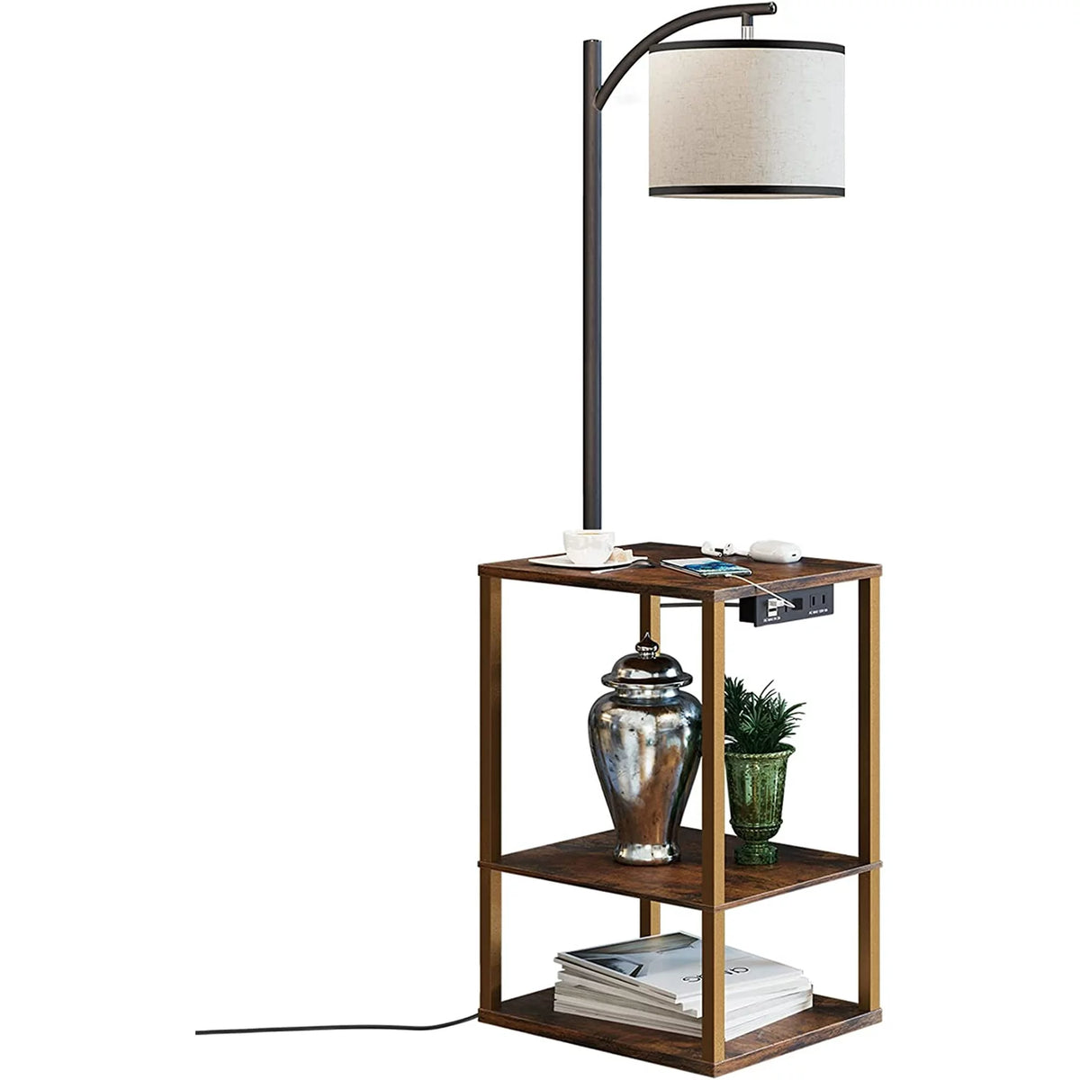 Floor Lamp with Table, USB Ports, and Shelves