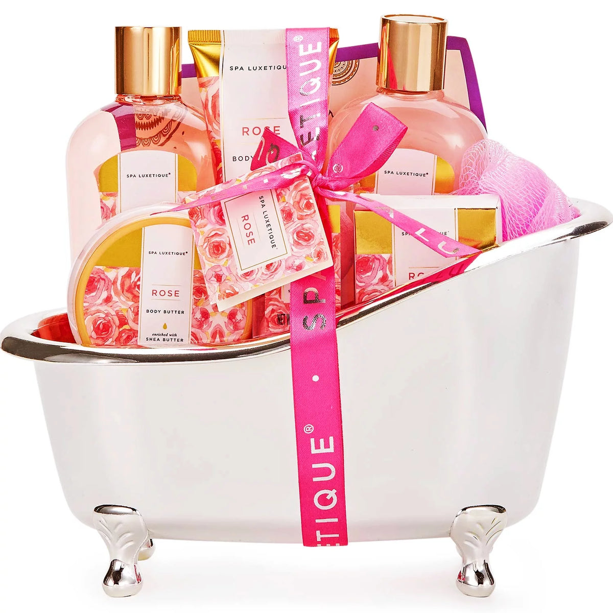 Spa Gift Baskets for Women - 9 Pcs Rose Bath Gift Kits, Holiday Beauty Body Care Gift Sets for Valentines Day