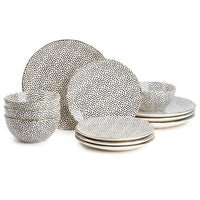 Load image into Gallery viewer, Elegant Black &amp; White Dot Stoneware 12-Piece Dinnerware Set
