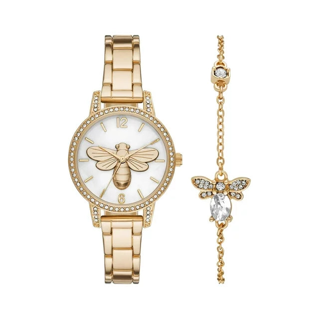 Women's Gold Bee Watch & Bracelet Set - Timeless Elegance