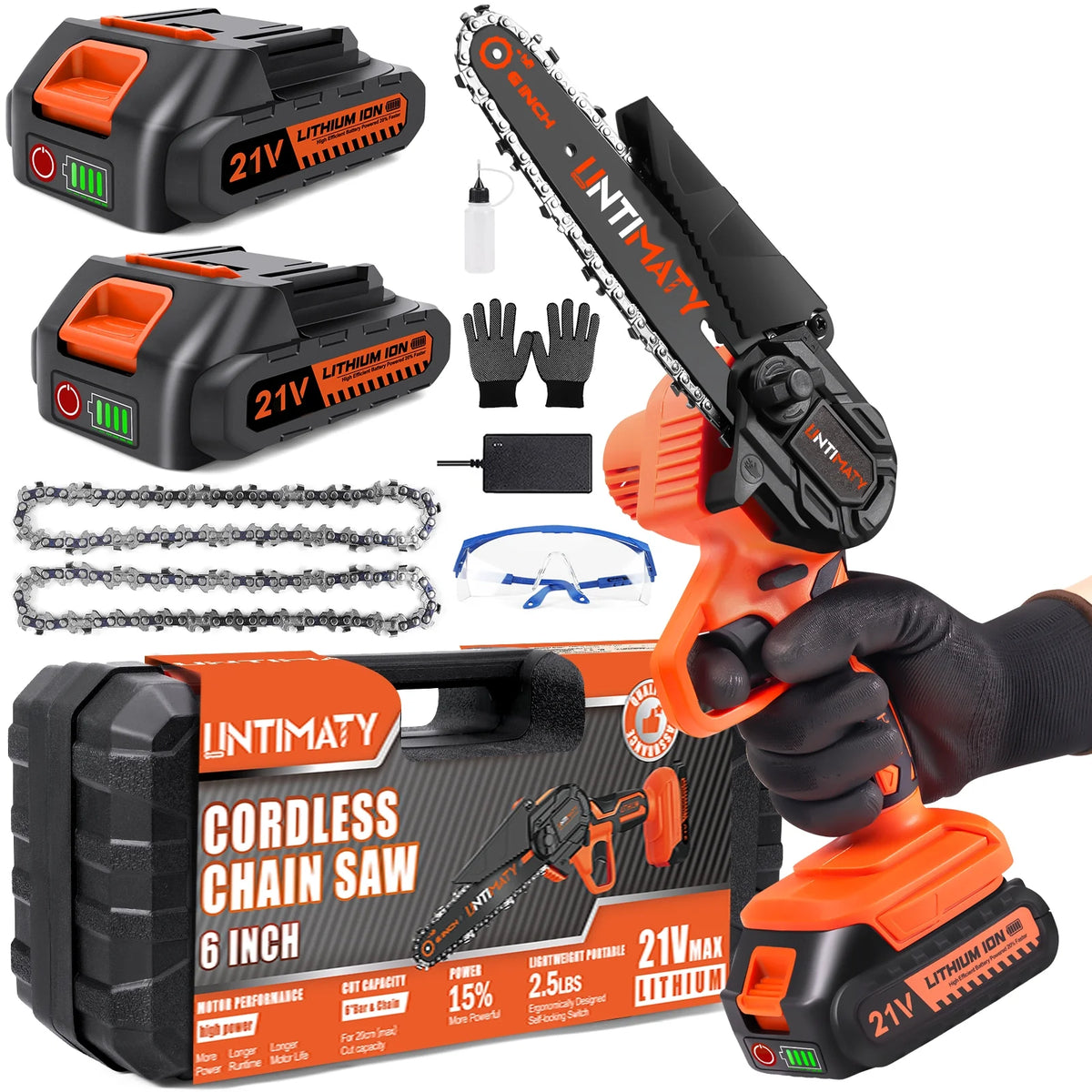 6" Mini Chainsaw Cordless with 2 Batteries & 2 Chains for Wood Cutting