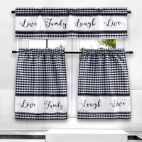 Load image into Gallery viewer, Three-piece kitchen curtain and valance set in black and white that says &quot;love, family, laugh, and live.&quot;
