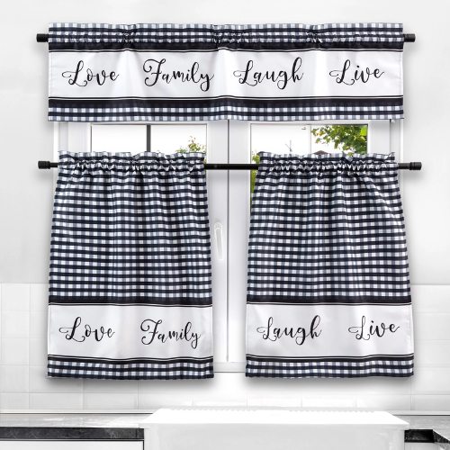 Three-piece kitchen curtain and valance set in black and white that says "love, family, laugh, and live."