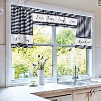 Load image into Gallery viewer, Three-piece kitchen curtain and valance set in black and white that says &quot;love, family, laugh, and live.&quot;
