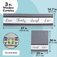Load image into Gallery viewer, Three-piece kitchen curtain and valance set in black and white that says &quot;love, family, laugh, and live.&quot;
