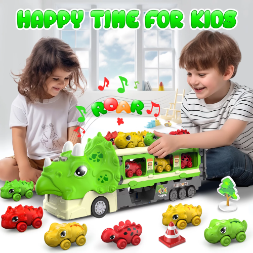 Construction truck toys, a playset with lights and sounds, and a 46-inch dinosaur car toy are perfect Christmas gifts and birthday gifts for boys and toddlers aged three to five