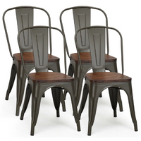 Load image into Gallery viewer, 4 stylish metal side chairs with wood seats that stack up for a café or dining area
