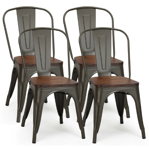 4 stylish metal side chairs with wood seats that stack up for a café or dining area