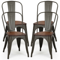 Load image into Gallery viewer, 4 stylish metal side chairs with wood seats that stack up for a café or dining area
