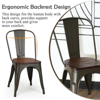 Load image into Gallery viewer, 4 stylish metal side chairs with wood seats that stack up for a café or dining area

