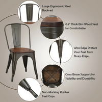 Load image into Gallery viewer, 4 stylish metal side chairs with wood seats that stack up for a café or dining area
