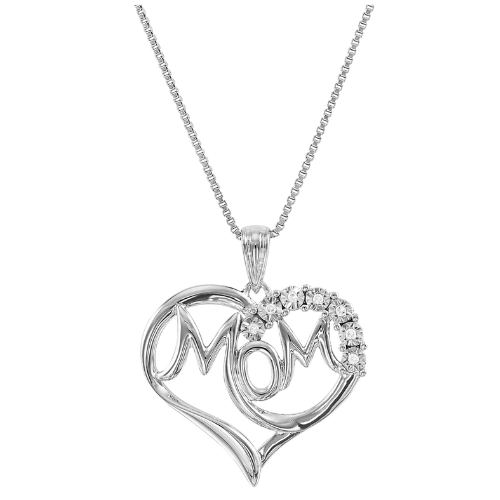 Mom Heart with Diamond Accent in Sterling Silver Pendant, 18"
