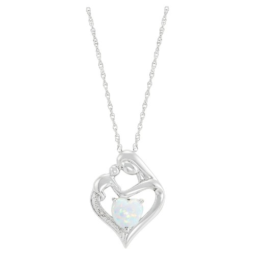 Opal Diamond Heart in Silver Silver Pendant, 18"