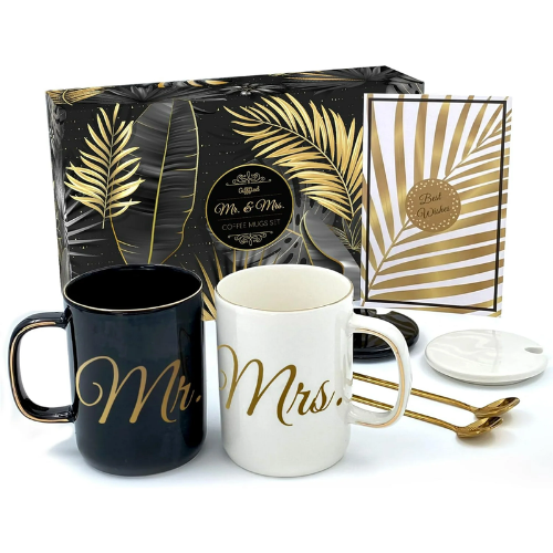 Mr and Mrs Coffee Mugs Gifts Set with Lids and Teaspoons