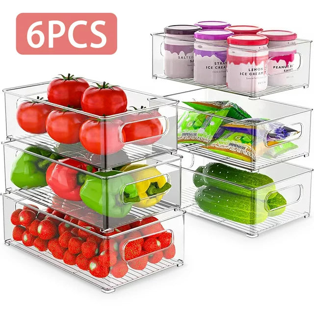 6-Piece Stackable Refrigerator Organizer Bins Set Clear Plastic Fridge Storage Containers