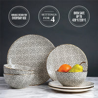 Load image into Gallery viewer, Elegant Black &amp; White Dot Stoneware 12-Piece Dinnerware Set
