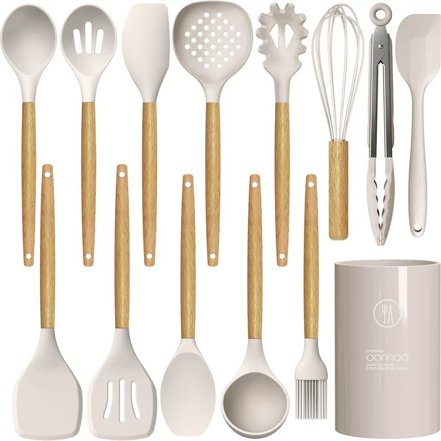 Premium 14-Piece Silicone Cooking Utensil Set with Wooden Handles