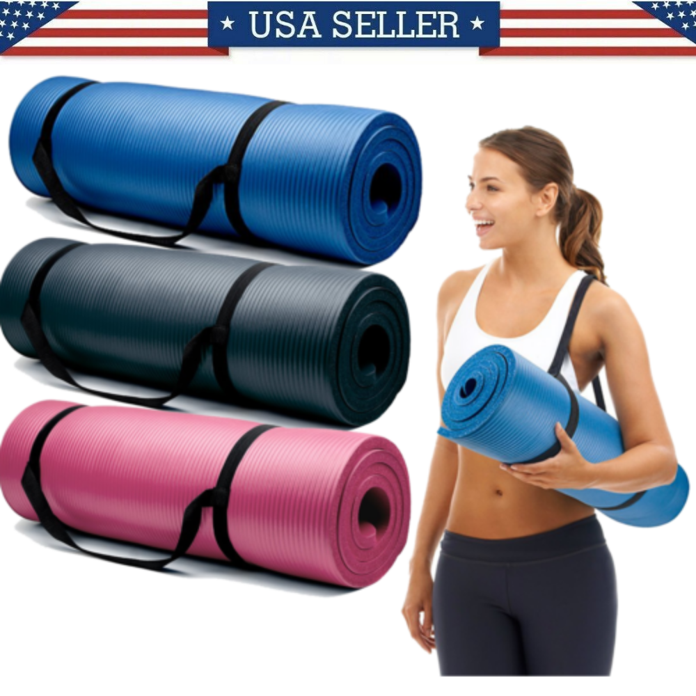 Yoga Mats 0.375 inch (10mm) Thick Exercise Gym Mat Non-Slip with Carry Straps US