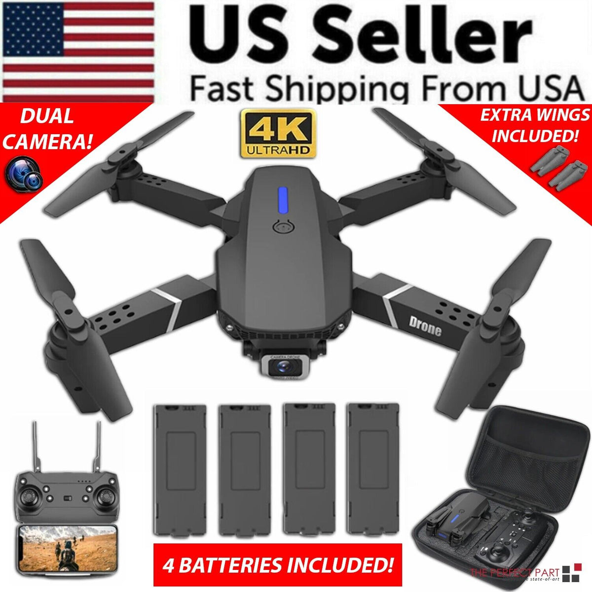 New RC Drone With 4K HD Dual Camera WiFi FPV Foldable Quadcopter +4 Battery